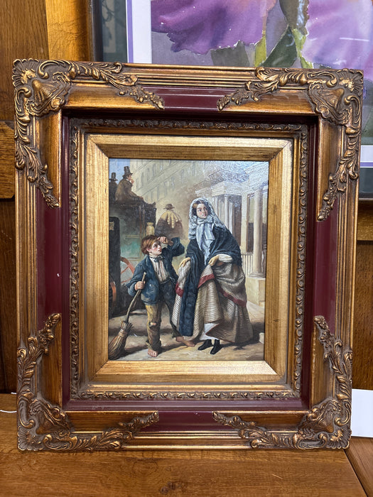 LARGE RED AND GOLD FRAMED LADY WITH PEASANT BOY OIL PAINTING