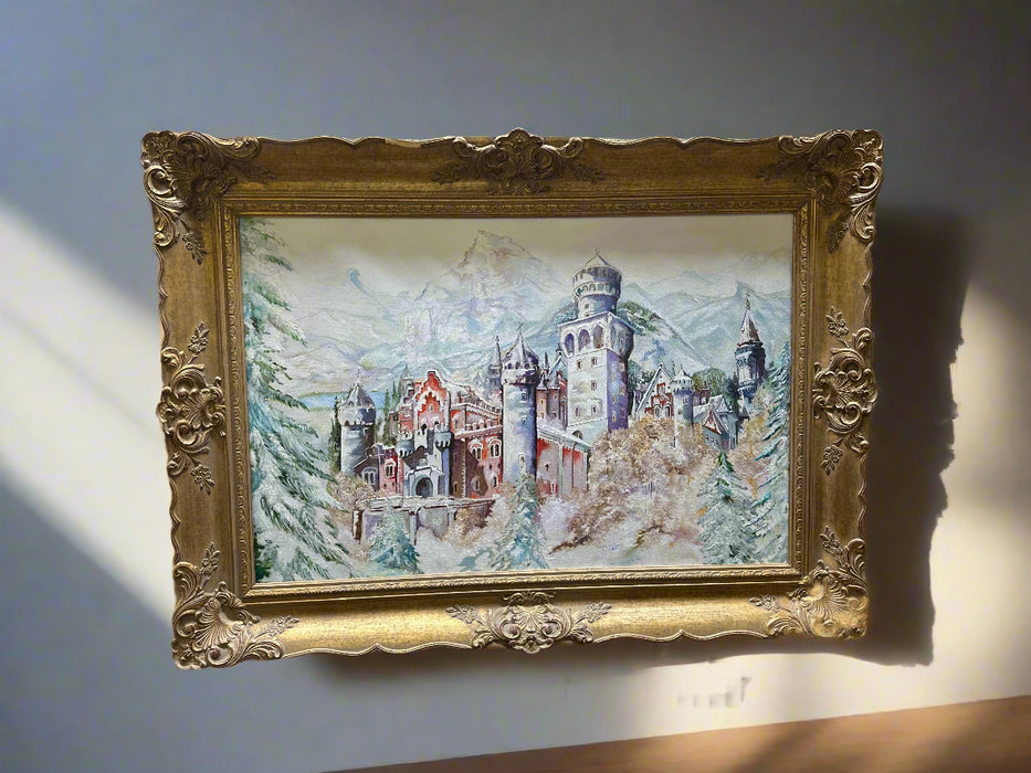 GILT FRAMED OIL PAINTING OF A CASTLE BY MAUDE WATERS