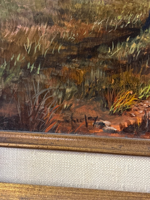 SMALL GREEN FRAMED OIL PAINTING ON BOARD OF TREES - SIGNED SHIRLEY DOWD