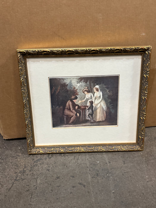 GILT FRAMED ETCHING OF FAMILY WITH CAGED MOUSE
