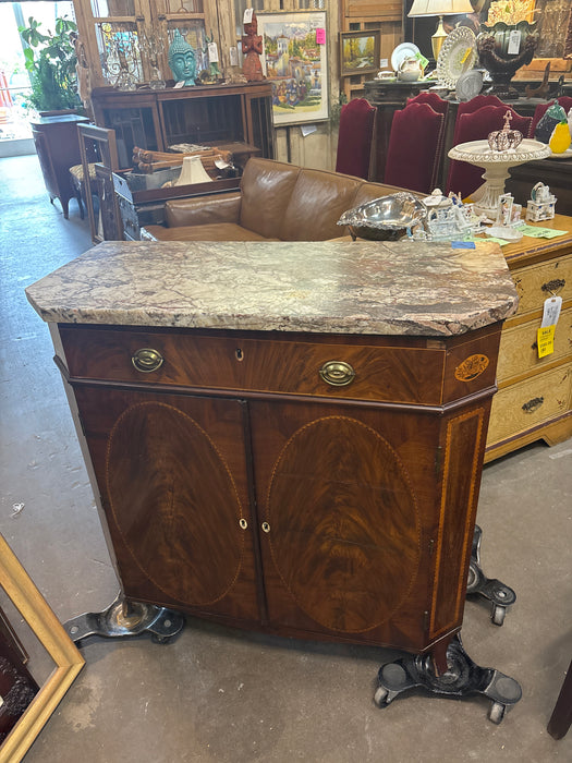 INLAID MAHOGANY MARBLE TOP CABINETS WITH CANTED CORNERS AND DRAWERS - AS FOUND MARBLE CORNER