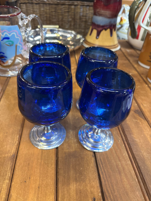VINTAGE ITALIAN SET OF 4 COBALT BLUE AND PEWTER BRANDY SNIFTER
