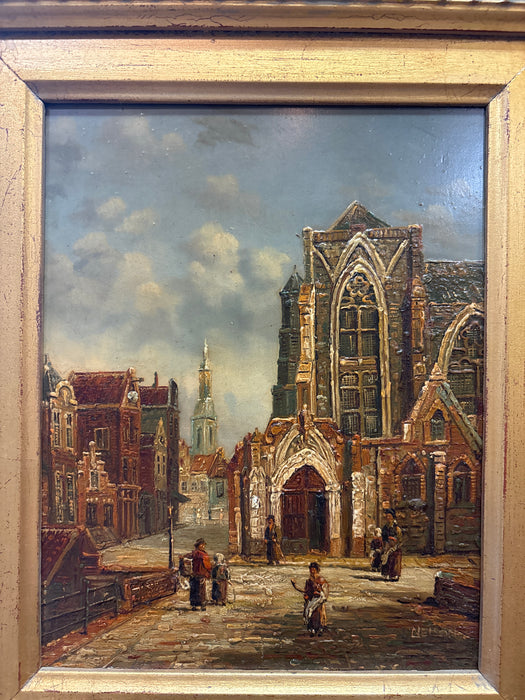 SMALL GOLD FRAMED OIL PAINTING OF GOTHIC CATHEDRAL - SIGNED NELSON