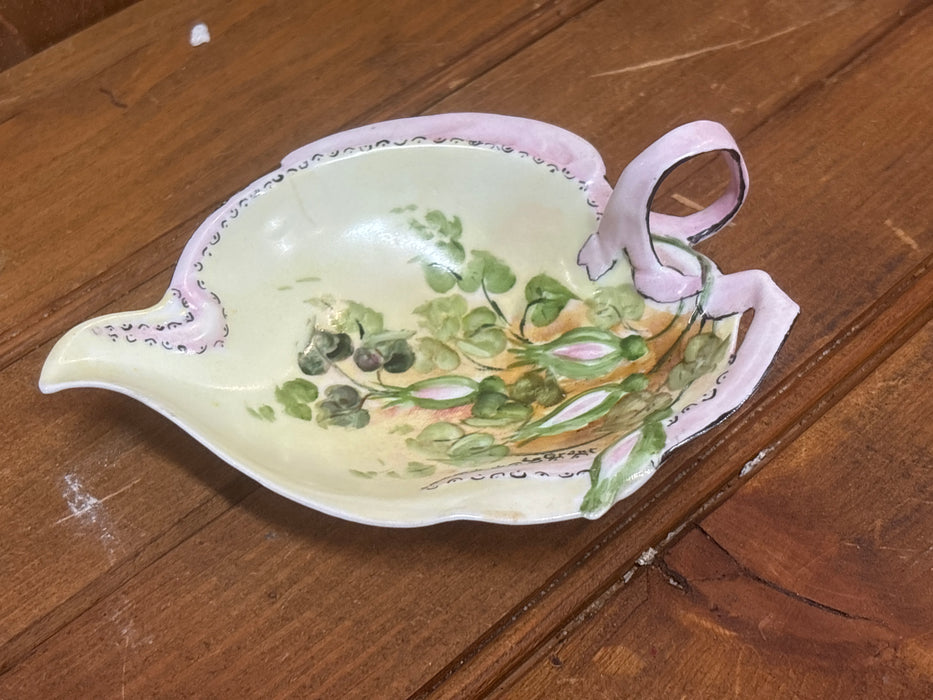 SMALL HAND PAINTED PINK AND GREEN GERMAN LEAF FORM CATCH ALL