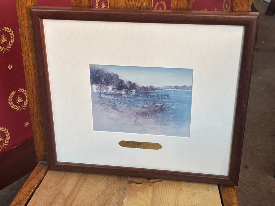 SMALL BROWN FRAMED PRINT OF WHITE ROCK LAKE - SIGNED L. GORDON