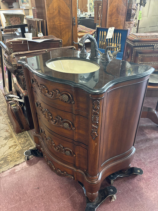 SMALL MARBLE TOP VANITY WITH SINK AND FAUCETS