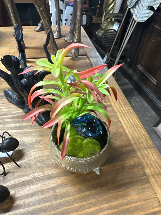 FAUX PLANT IN TINY BRASS POT WITH JEWELED BROACH