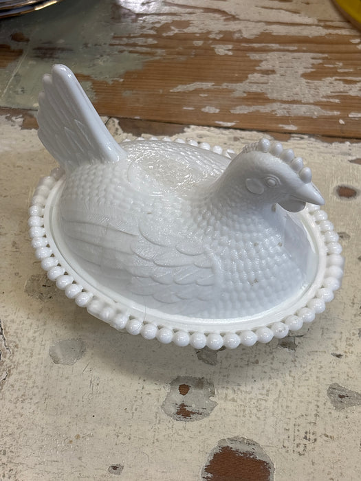 LARGE MILK GLASS HEN IN A BASKET
