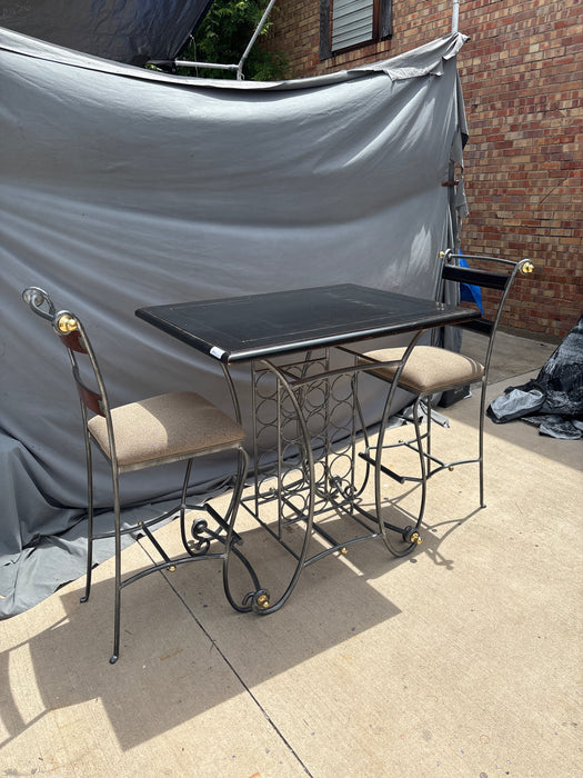 SET OF WOOD TOP BAR HEIGHT IRON BASE TABLE WITH WINE RACK AND PAIR OF IRON BARSTOOLS