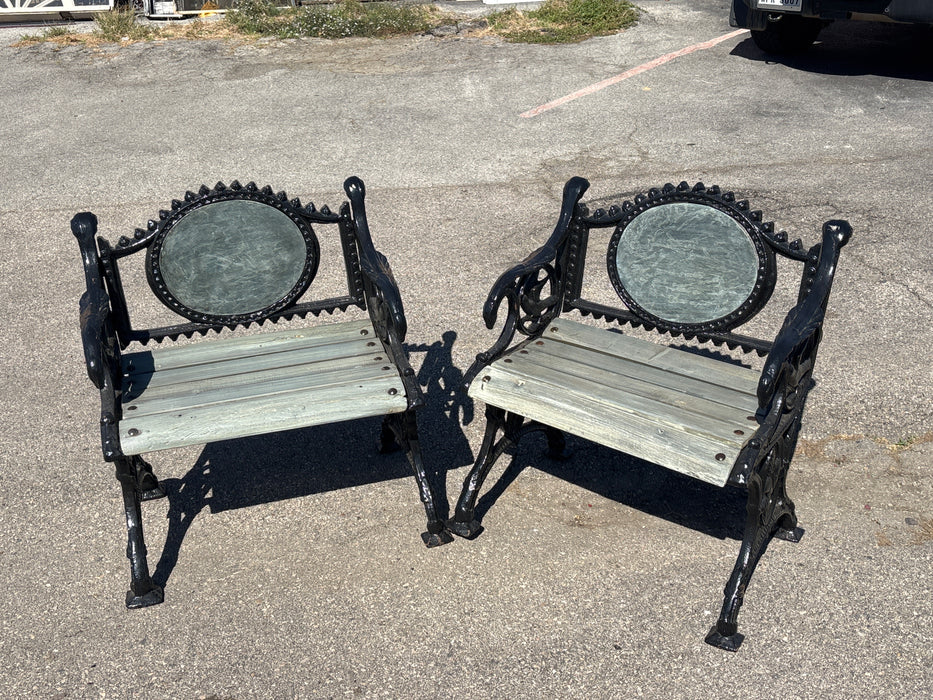 PAIR OF SMALL GREEN IRON PARK BENCHES FROM PARIS