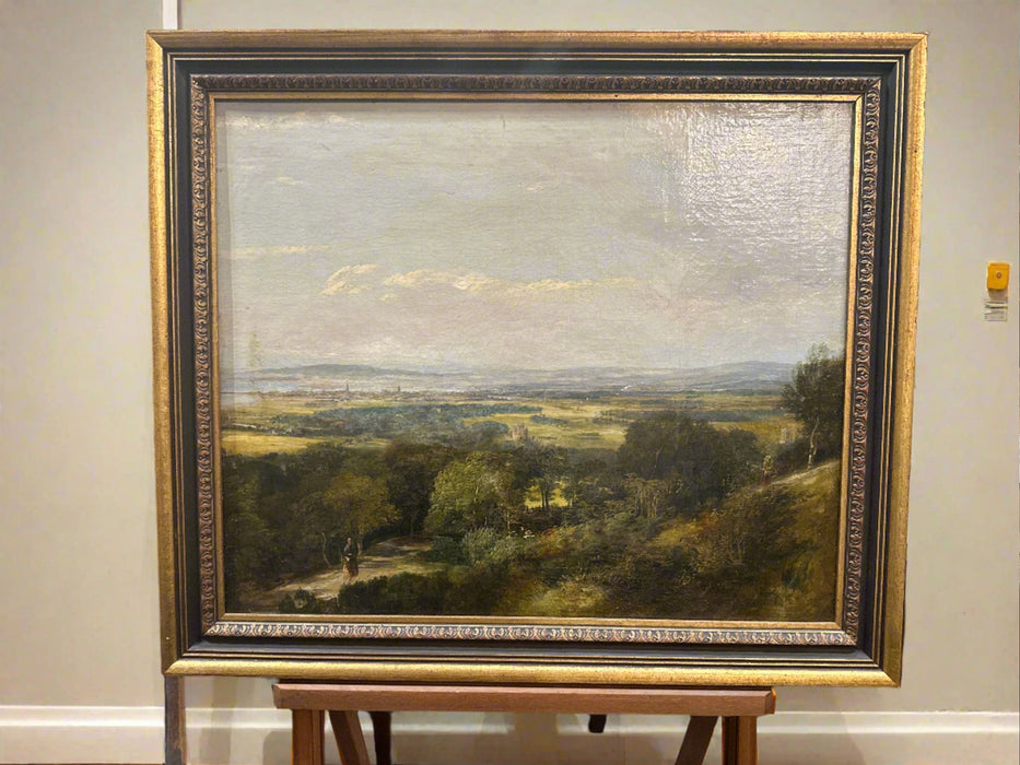 FRAMED VISTA LANDSCAPE OIL PAINTING WITH LADY ON PATH