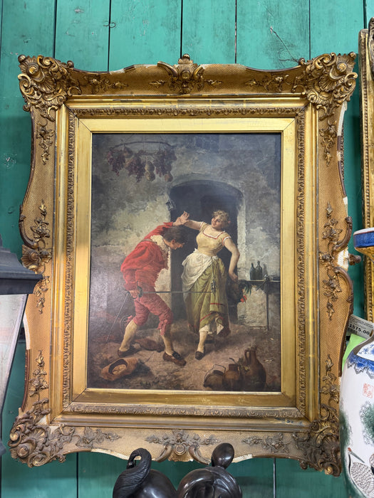 LARGE FRAMED OIL PAINTING OF A  17TH CENTURY SCENCE WITH COURTING COUPLE FROLICKING