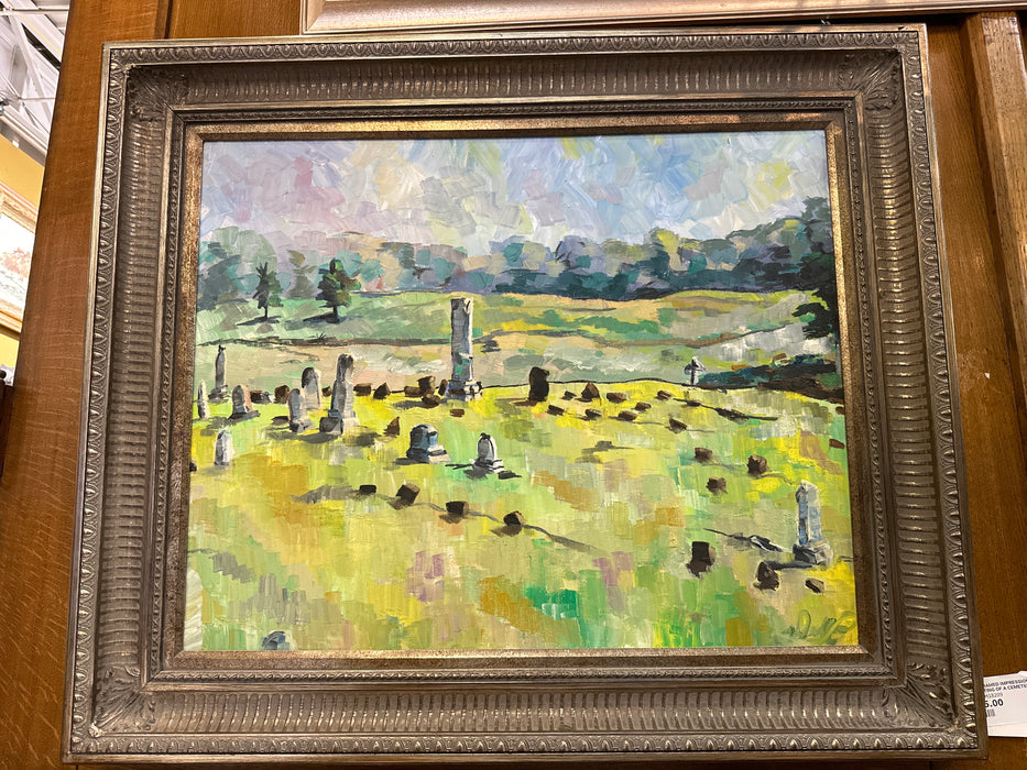 SILVER FRAMED IMPRESSIONIST OIL PAINTING OF A CEMETERY
