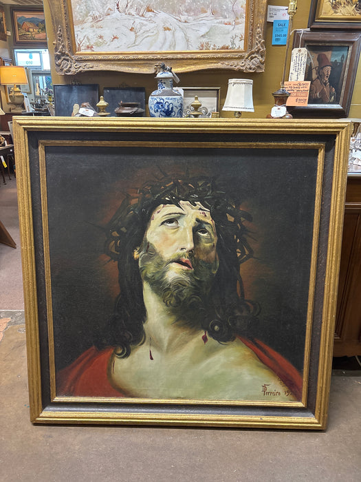 GILT FRAMED OIL PAINTING OF JESUS WITH CROWN OF THORNS - SIGNED PERREIRO 1922