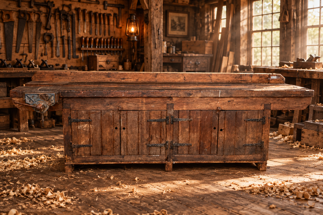 LARGE ANTIQUE WORKBENCH WITH 4 IRON STRAP HINGED DOORS