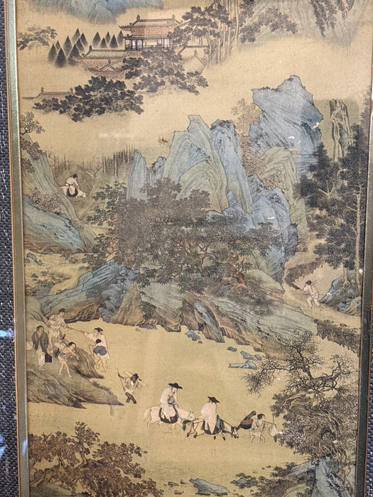 TALL GOLD BAMBOO FRAMED ASIAN PRINT OF MOUNTAIN VILLAGE