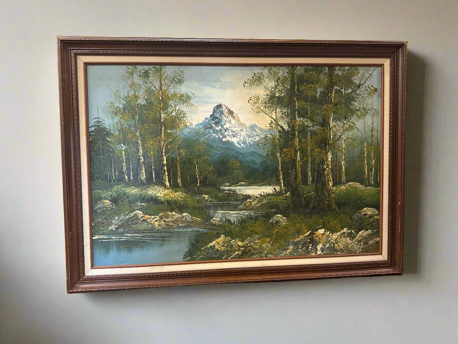 OIL PAINTING OF SNOW TOPPED MOUNTAIN WITH STREAM BY S WHITMAN