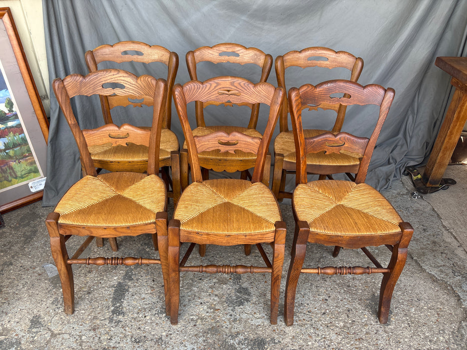 SET OF 6 FRENCH COUNTRY RUSH SEAT OAK CHAIRS