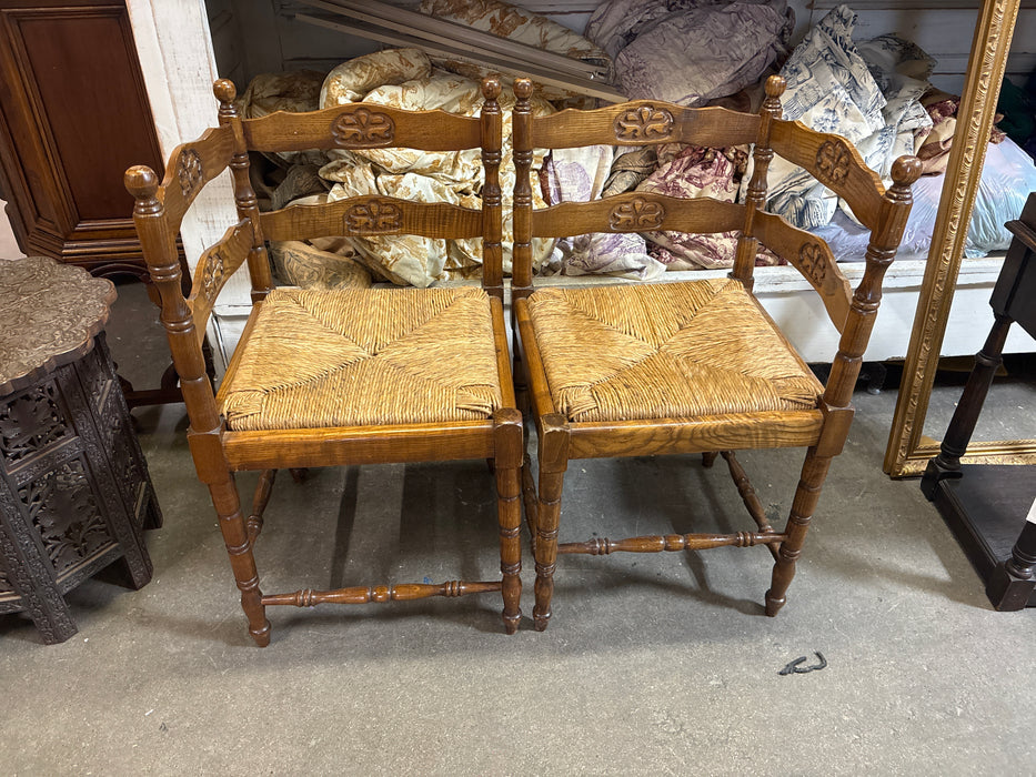 PAIR OF RUSH SEAT OAK CORNER CHAIRS