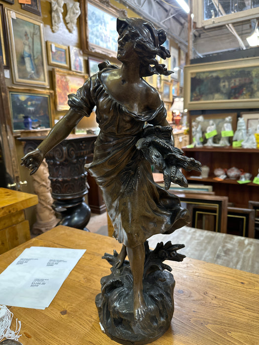 LARGE SPELTER LADY WITH BRONZE FINISH