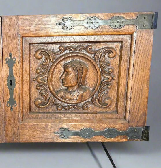 LADY PORTRAIT CARVED DOOR WITH IRON STRAP HINGES