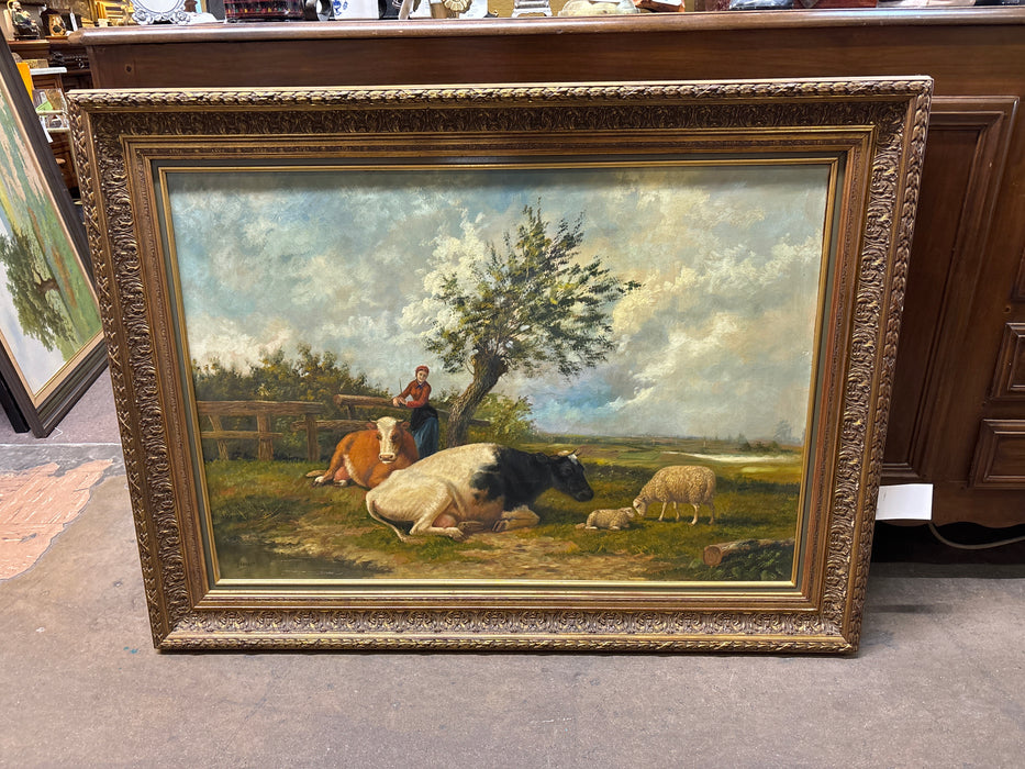 LARGE ORNATE GILT FRAMED OIL PAINTING OF LADY WITH HER LIVESTOCK - SIGNED