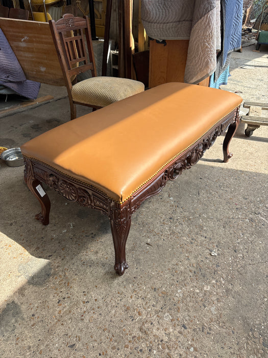 CARVED MAHOGANY BENCH WITH LEATHER TOP