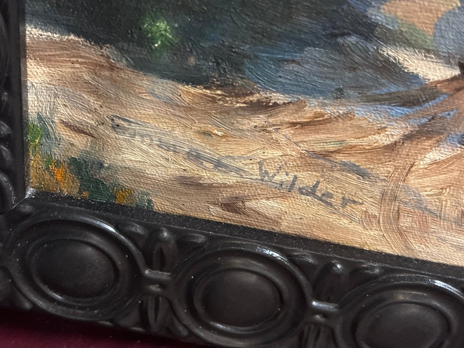 BLACK FRAMED PAINTING OF ANTIQUE BLUE CARBY HOUSE - SIGNED EMMA WILDER