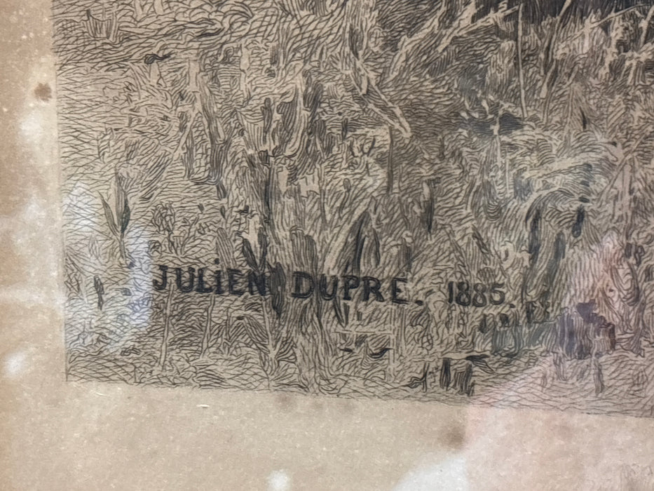 MEDIUM BURL WOOD FRAMED 1885 RUNNING COW ETCHING - SIGNED JULIEN DUPRE