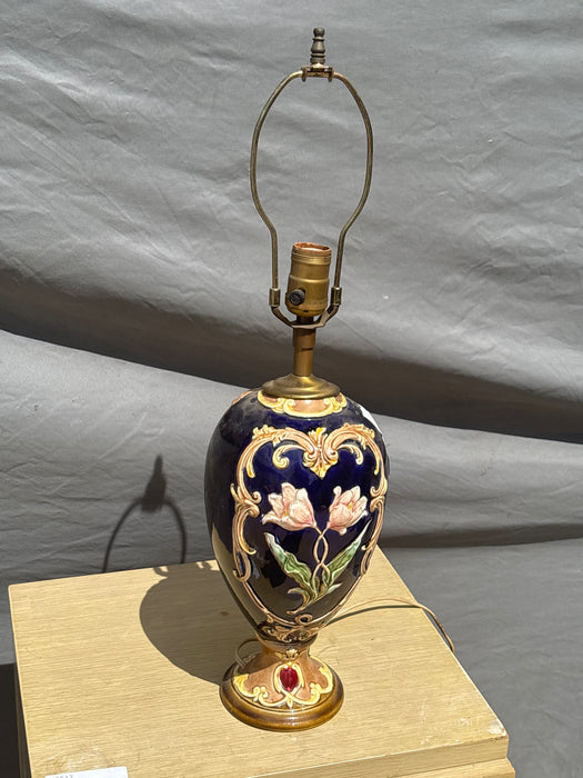 BLUE AND GOLD FLORAL MAJOLICA LAMP BASE