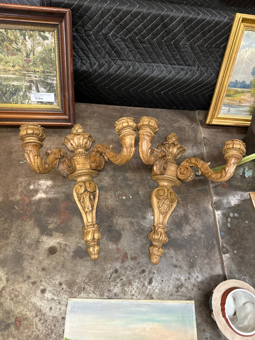 PAIR OF CARVED WOOD ITALIAN CANDLE SCONCES AS FOUND REPAIRED