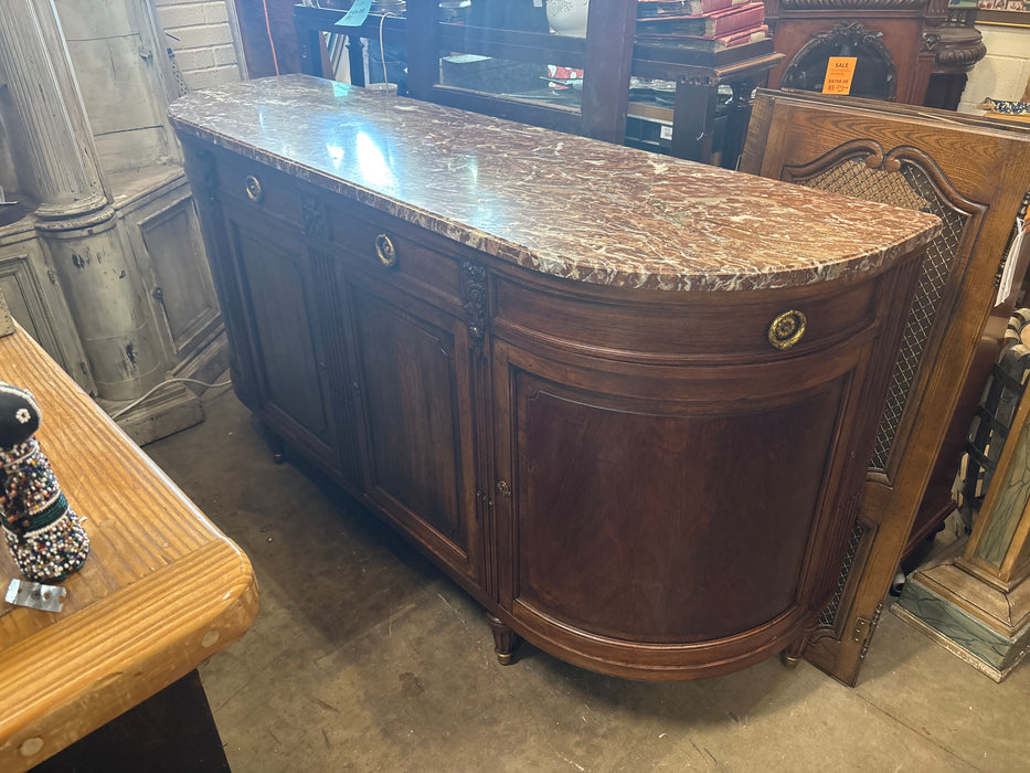 LOUIS XVI 4 DRAWER 4 DOOR REDISH BROWN MARBLE TOP SIDEBOARD WITH LAUREL LEAF RING PULLS