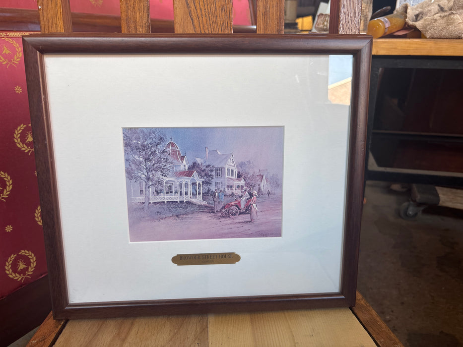 SMALL BROWN FRAMED PRINT OF BROWDER STREET HOUSE - SIGNED - L. GORDON