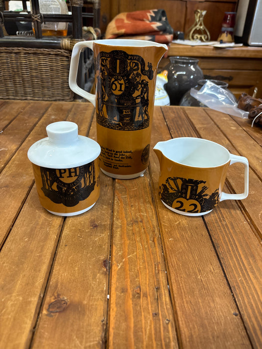 3 PIECE BROWN PITCHER, CREAMER, SUGAR SET