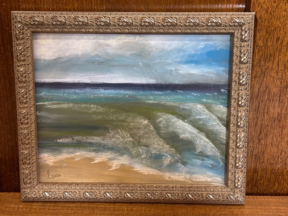 SMALL SILVER FRAMED ORIGINAL PAINTING OF BEACH - SIGNED AMY CARTER ISHMAEL 2026