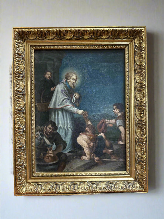 18TH CENTURY RELIGIOUS OIL PAINTING ON CANVAS ON LATER WOOD