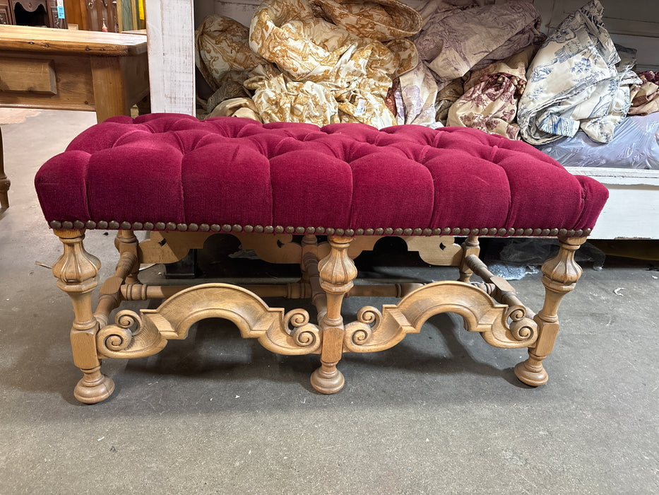 RAW SPANISH BENCH WITH TUFTED RED UPHOLSTERY