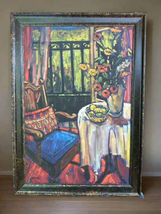 BROWN FRAMED IMPRESSIONIST PAINTING OF A STILL LIFE ROOM WITH FLOWERS AND CHAIR  SIGNED DOUGALL