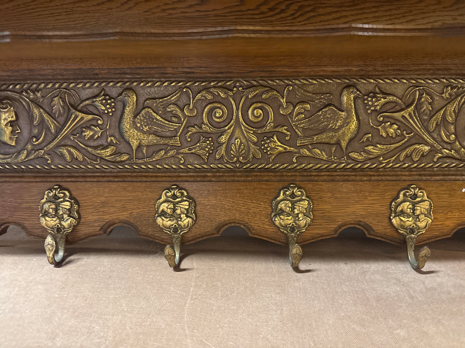 OAK WALL SHELF WITH EMBOSSED BRASS BIRDS