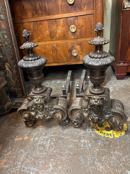 PAIR OF ORNATE EARLY ANDIRONS - RESTORED