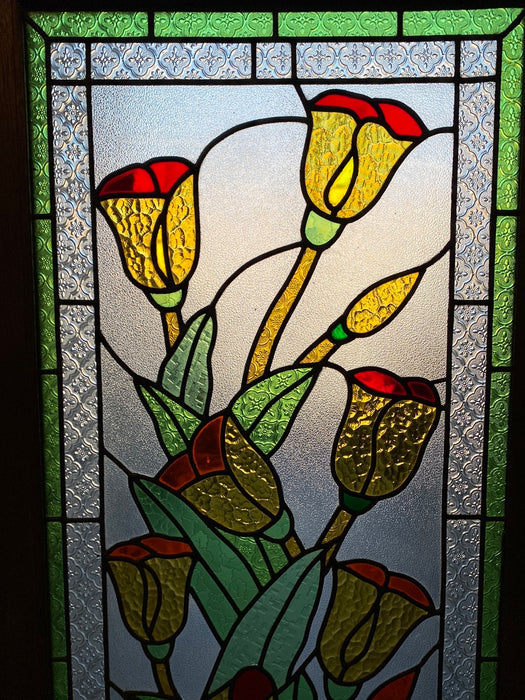 LARGE STAINED GLASS WINDOW WITH FLORAL MOTIF