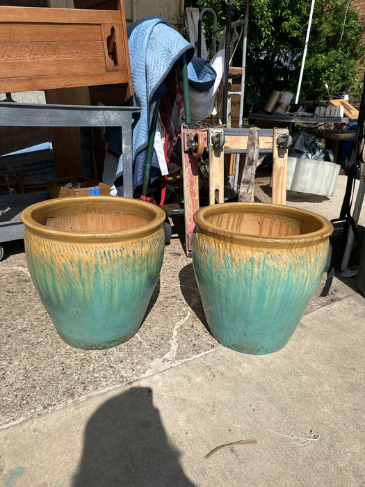 PAIR OF TALL GLAZED TERRA COTTA LOW PLANTERS