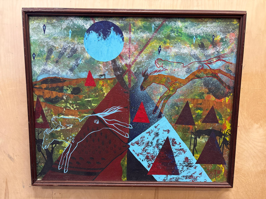 FRAMED ABSTRACT NATIVE AMERICAN OIL PAINTING "LIFE LOST" SIGNED TAYLOR