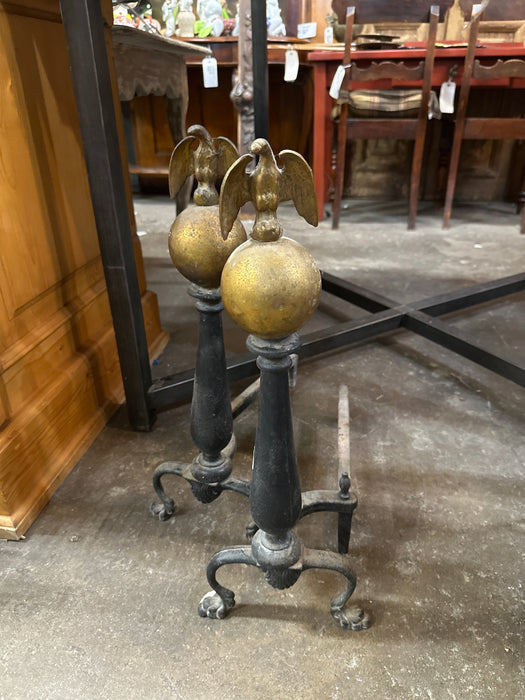 PAIR OF IRON ANDIRONS WITH BRASS EAGLES