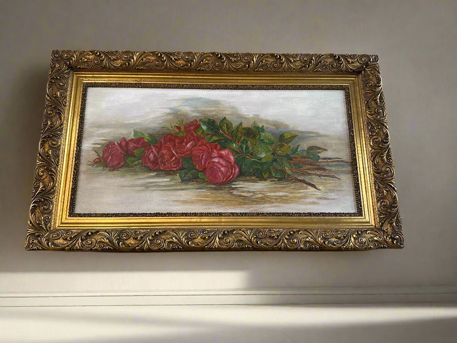 GILT FRAMED HORIZONTAL OIL PAINTING OF ROSES BY MAUDE WATERS