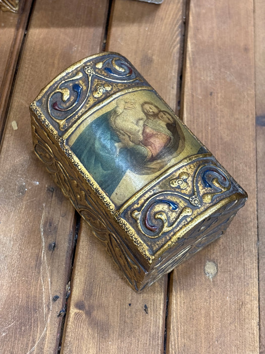 MEDIUM DARK GOLD, RED AND BLUE DOMED FLORENTINE BOX WITH PORTRAIT OF WOMAN AND CHILD