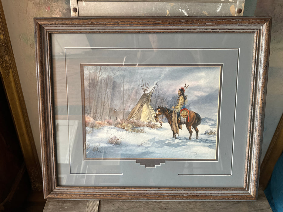 FRAMED WATERCOLOR OF AN INDIAN AND TEEPEE SIGNED MARY SELFRIDGE