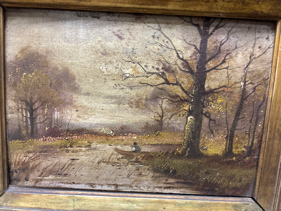 SMALL FLORAL GILT FRAMED OIL PAINTING OF FOREST RIVER AND BOY IN BOAT
