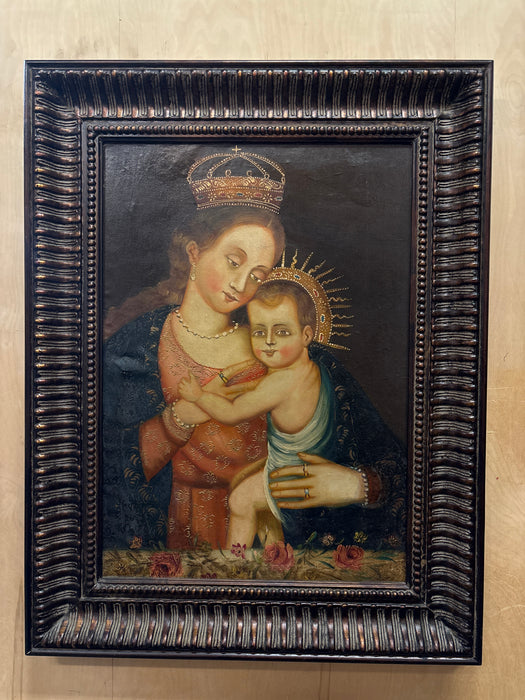 BLACK AND COPPER FRAMED OIL PAINTING OF MARY AND JESUS - AS FOUND