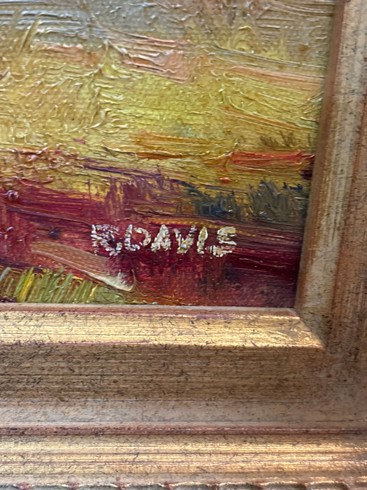 GOLD POPLAR WOOD FRAMED OIL PAINTING OF AUTUMN TREES - SIGNED R. DAVIS